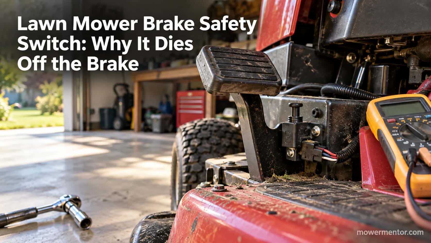 Riding lawn mower brake safety switch and connector mounted beside the brake pedal