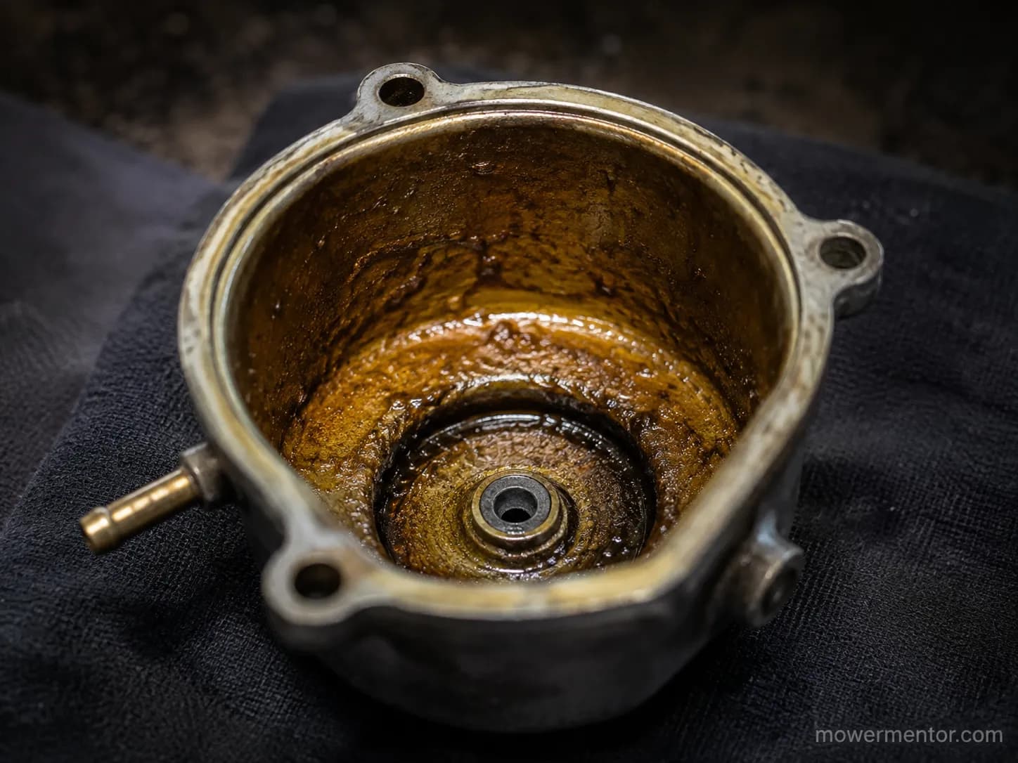 Macro photograph of a lawn mower carburetor float bowl showing dull amber varnish and fuel residue after twelve months of ethanol fuel exposure.