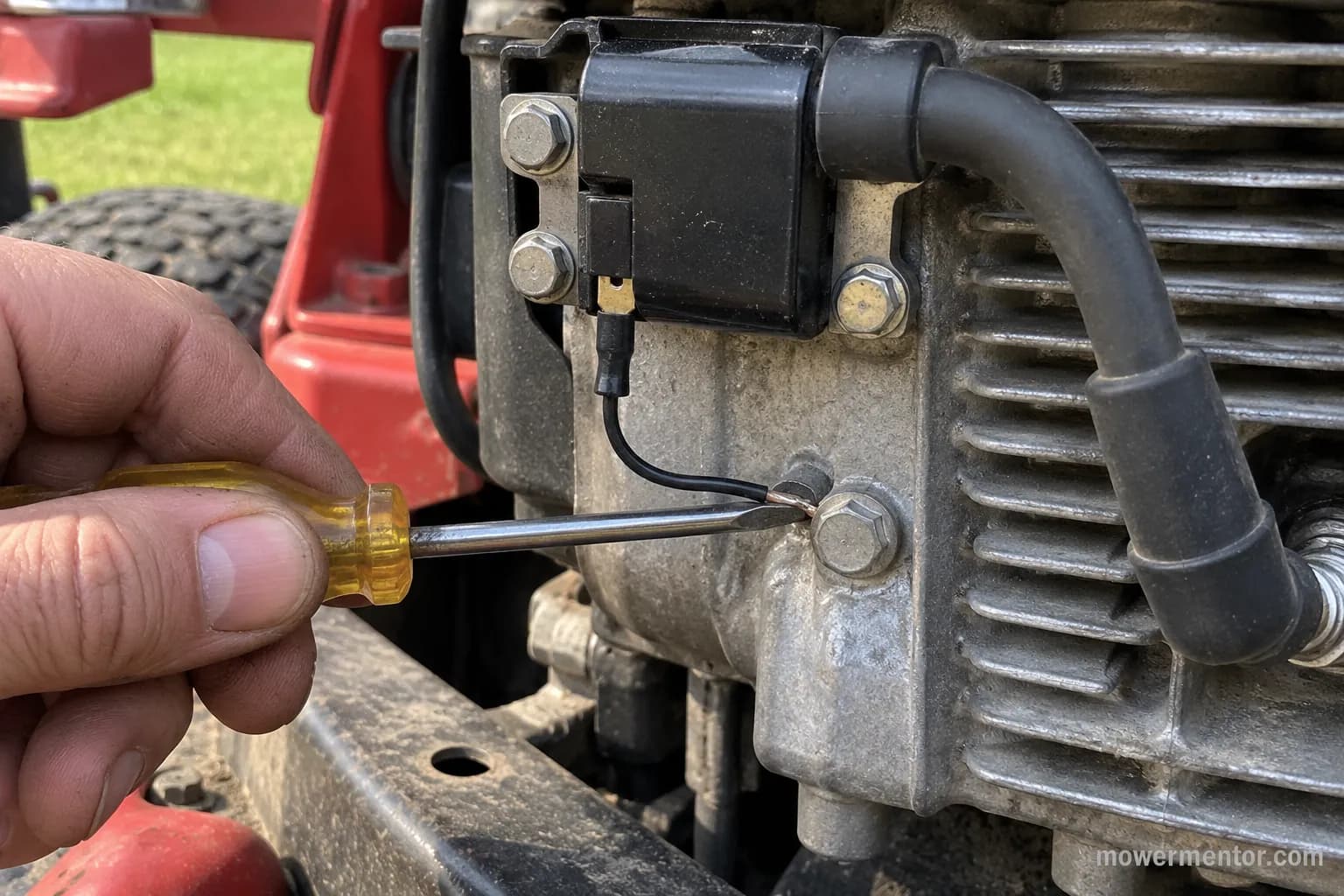 Hand shorting a coil kill wire to a riding mower engine block to test the ignition ground circuit.