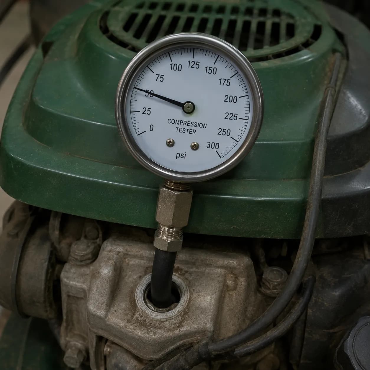 Analog compression gauge showing 78 psi on a small lawn mower engine after a filterless operating season, threaded into the spark plug hole during a warm compression test.