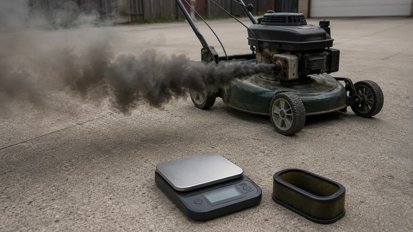 Walk-behind lawn mower emitting dark exhaust smoke moments after a damp foam air filter reinstall, with a digital kitchen scale and foam filter on a concrete driveway for diagnosis.