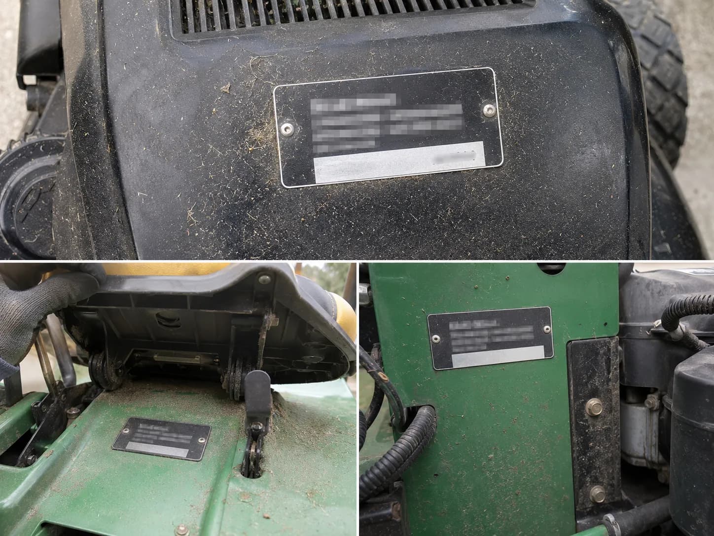 Three-panel close-up showing equipment data plate locations on different lawn mowers, including an engine cover, beneath a raised seat, and beside an engine with serial details masked.