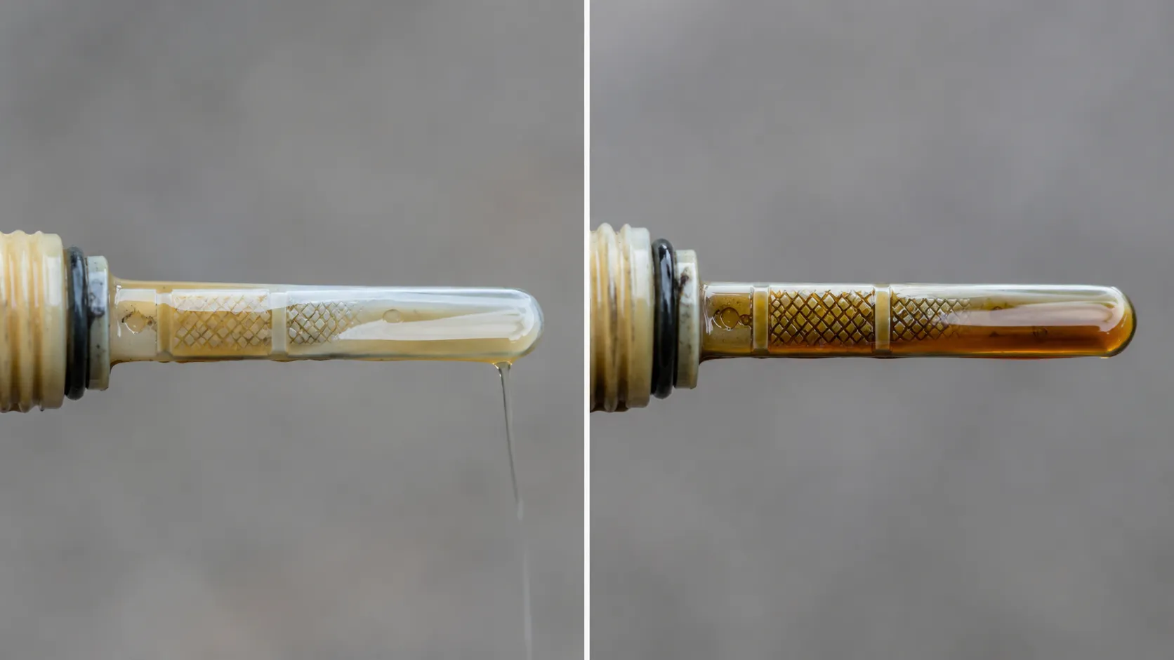 Lawn mower dipstick comparison showing thin fuel-diluted oil above the full mark beside normal amber oil at the correct level.