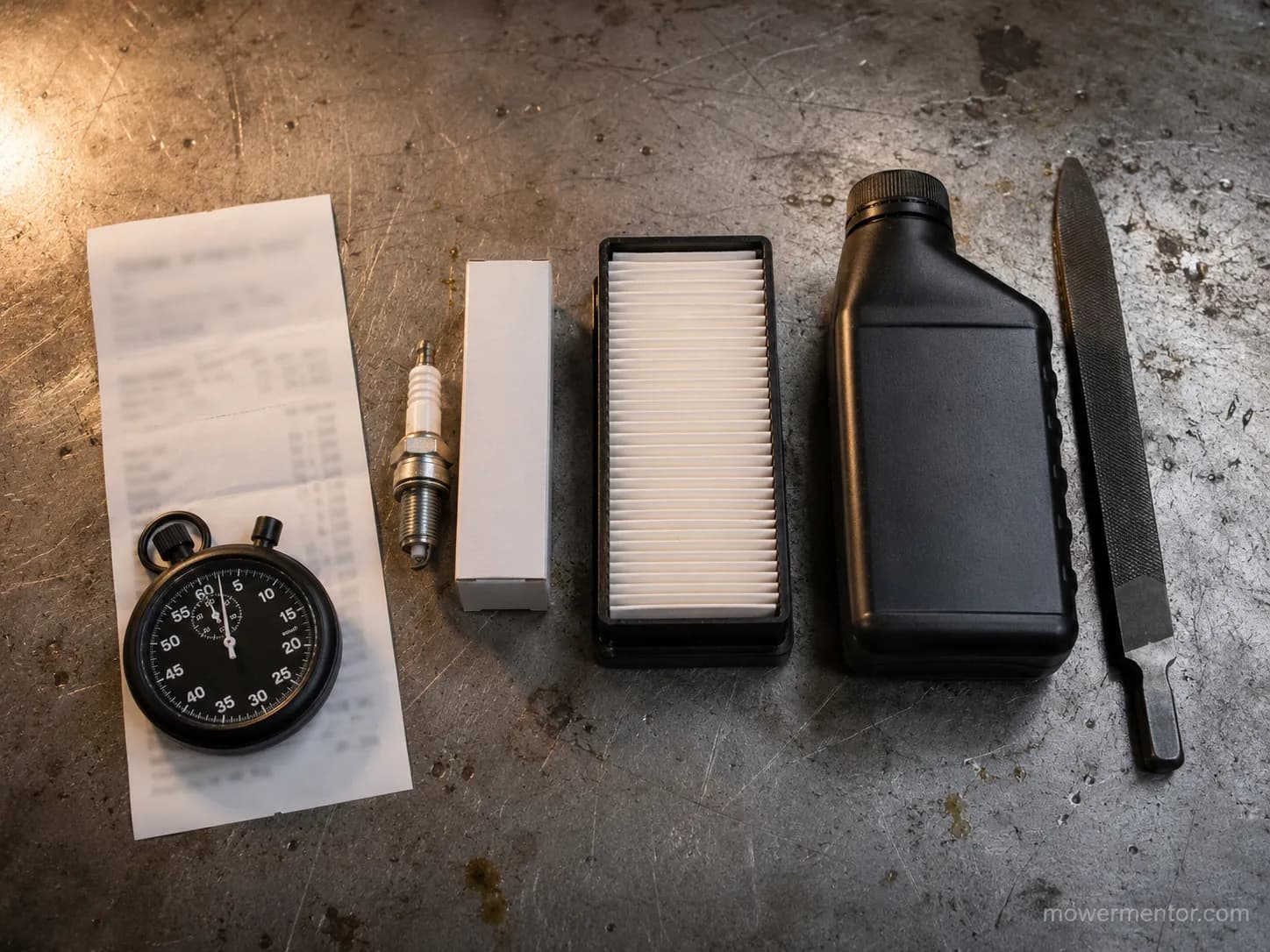 DIY lawn mower maintenance parts, receipt and stopwatch showing $26.40 in parts and 41 minutes of work on a workshop bench.