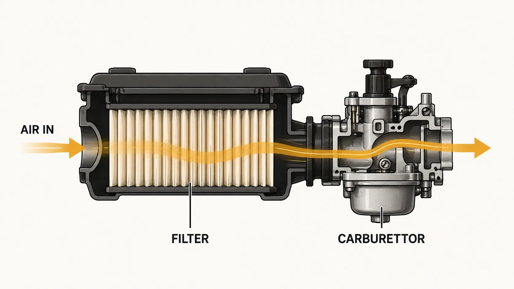 Diagram showing airflow from the air intake through a lawn mower engine air filter and into the carburettor.