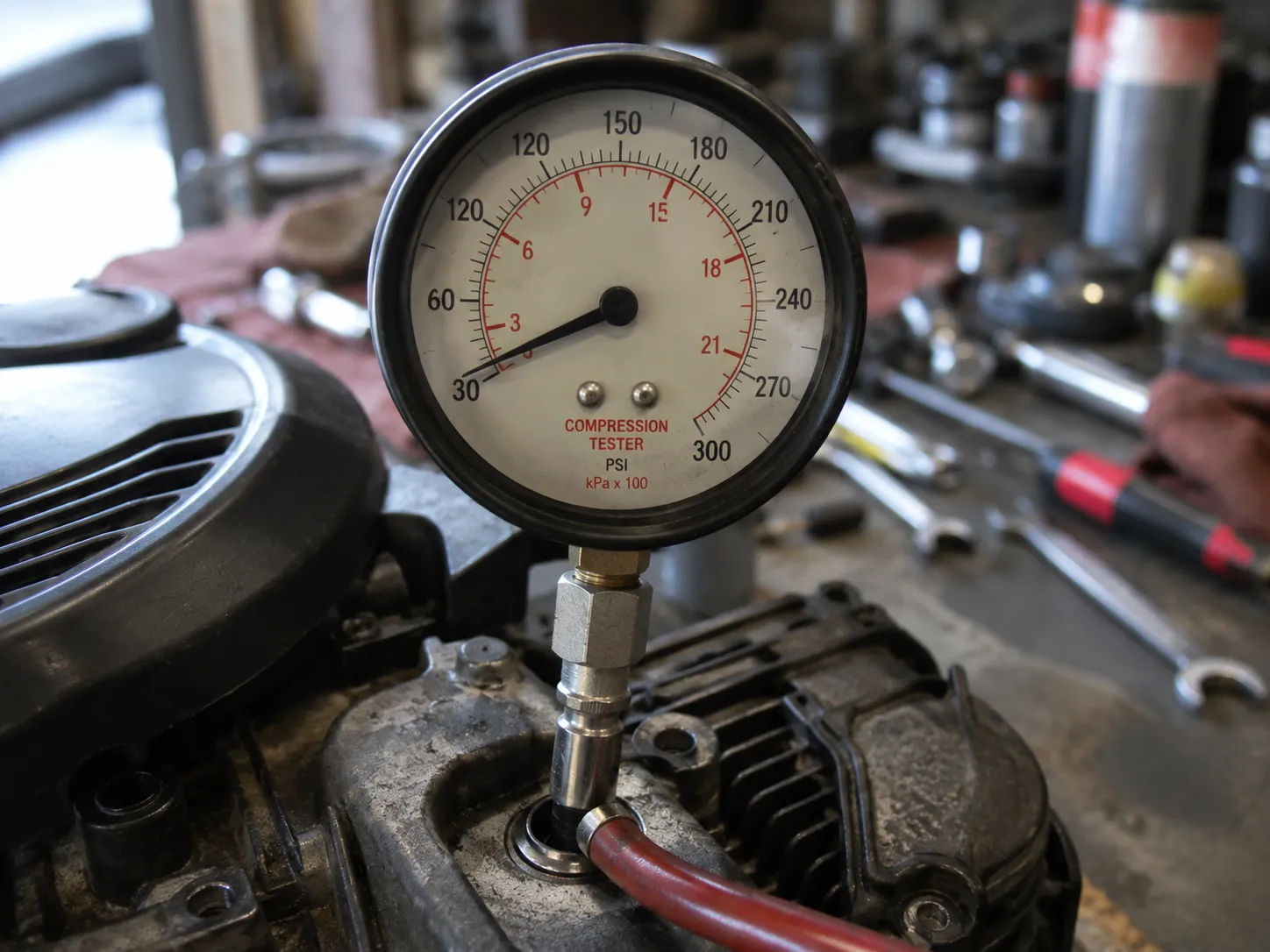 Compression tester gauge showing 41 psi on a small lawn mower engine during a diagnostic test on May 28, 2026.