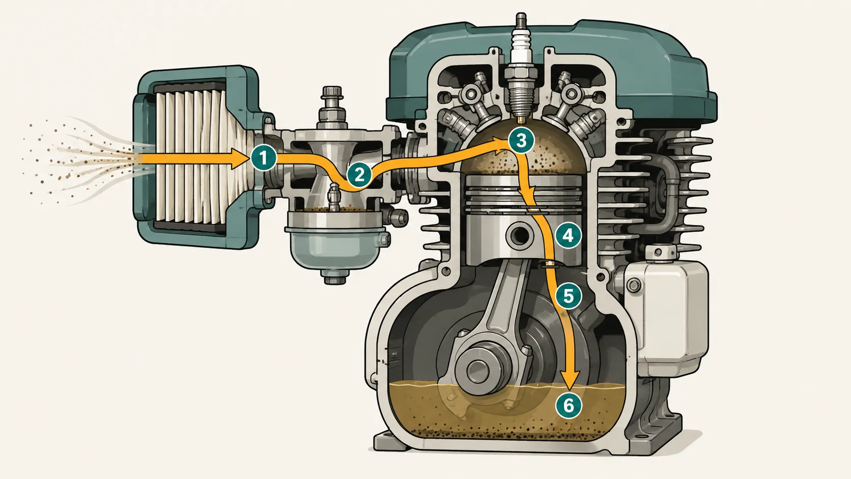 Technical cutaway diagram showing how dust travels through a lawn mower engine from the air intake and carburetor to the combustion chamber, piston rings, and crankcase oil.
