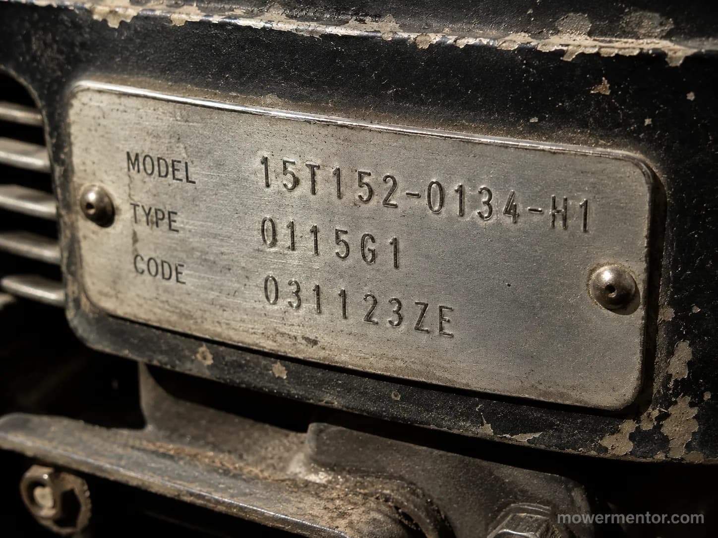 Close-up of a lawn mower engine identification plate showing the model, type and code fields used to identify the correct maintenance kit.