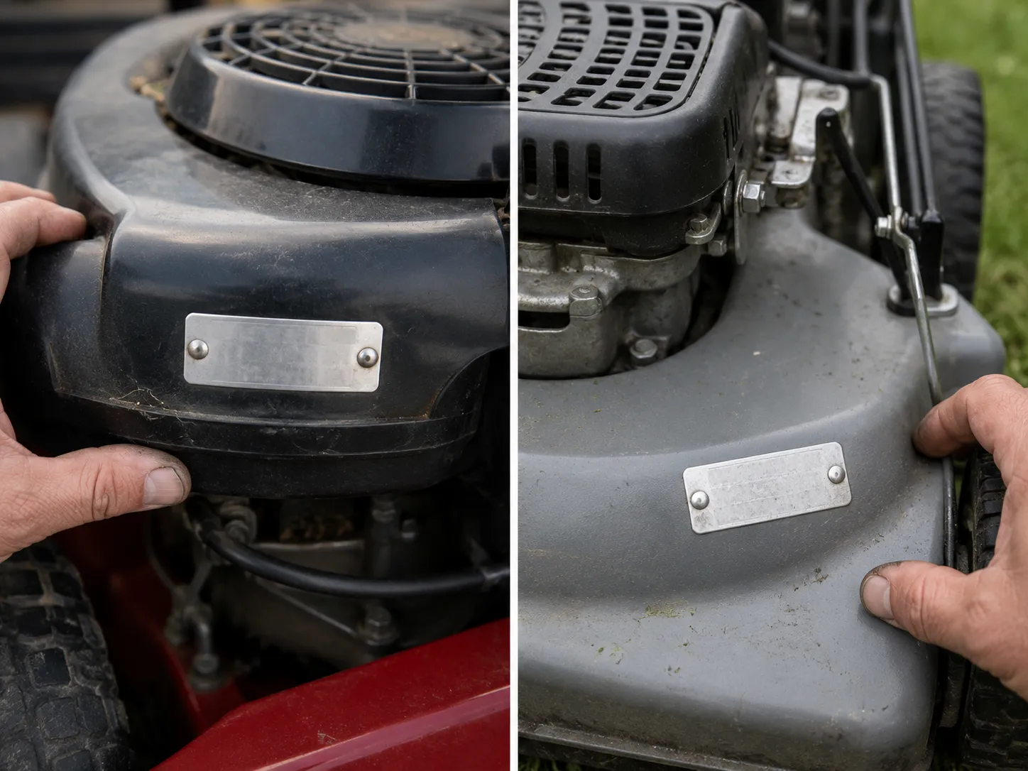 Close-up comparison of engine identification tags on a riding mower blower housing and a walk-behind mower shroud, showing typical tag locations for engine model identification.