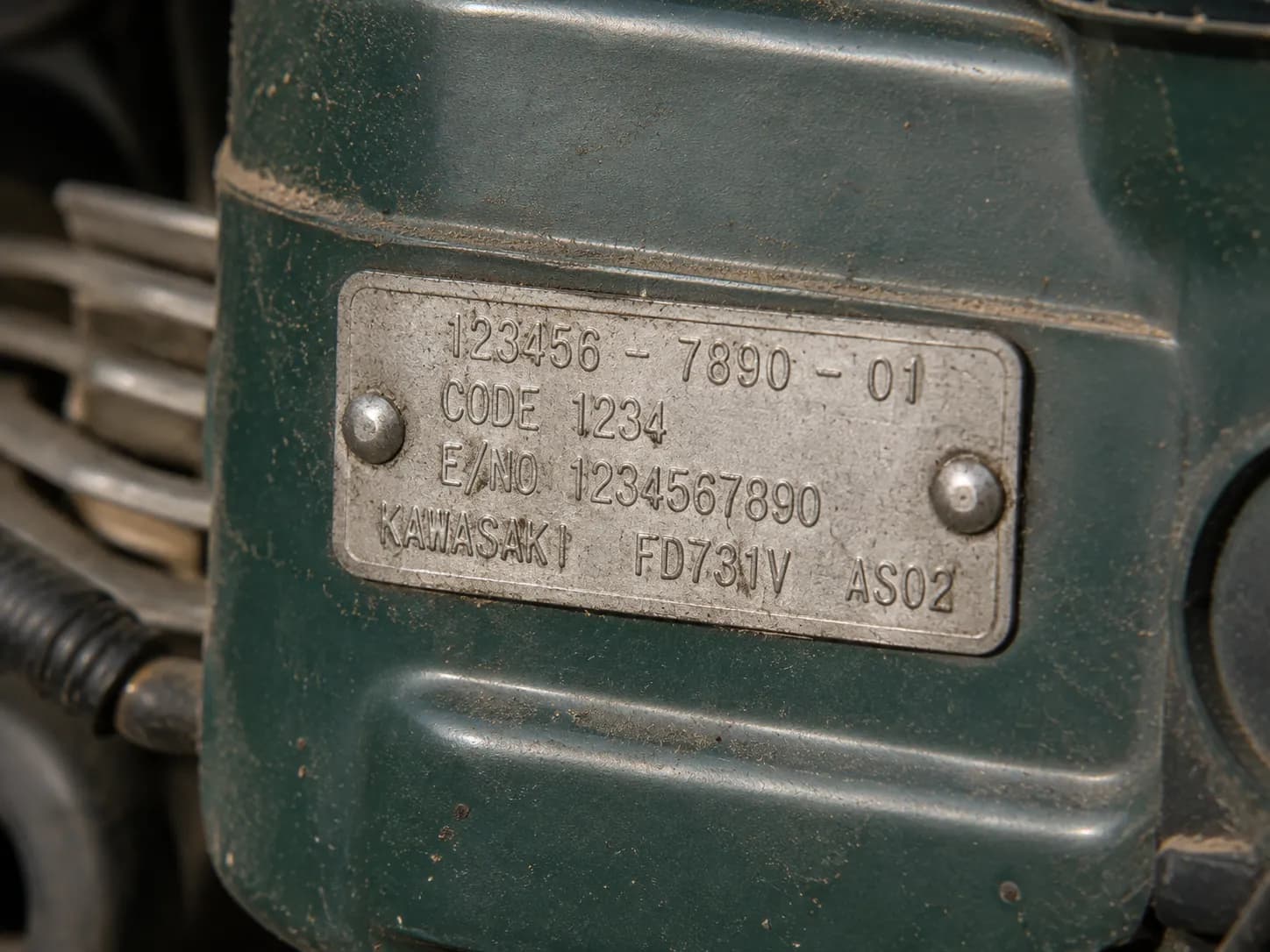 Close-up of a lawn mower engine model identification plate on the engine housing, showing where to find the model number needed to select the correct replacement spark plug.