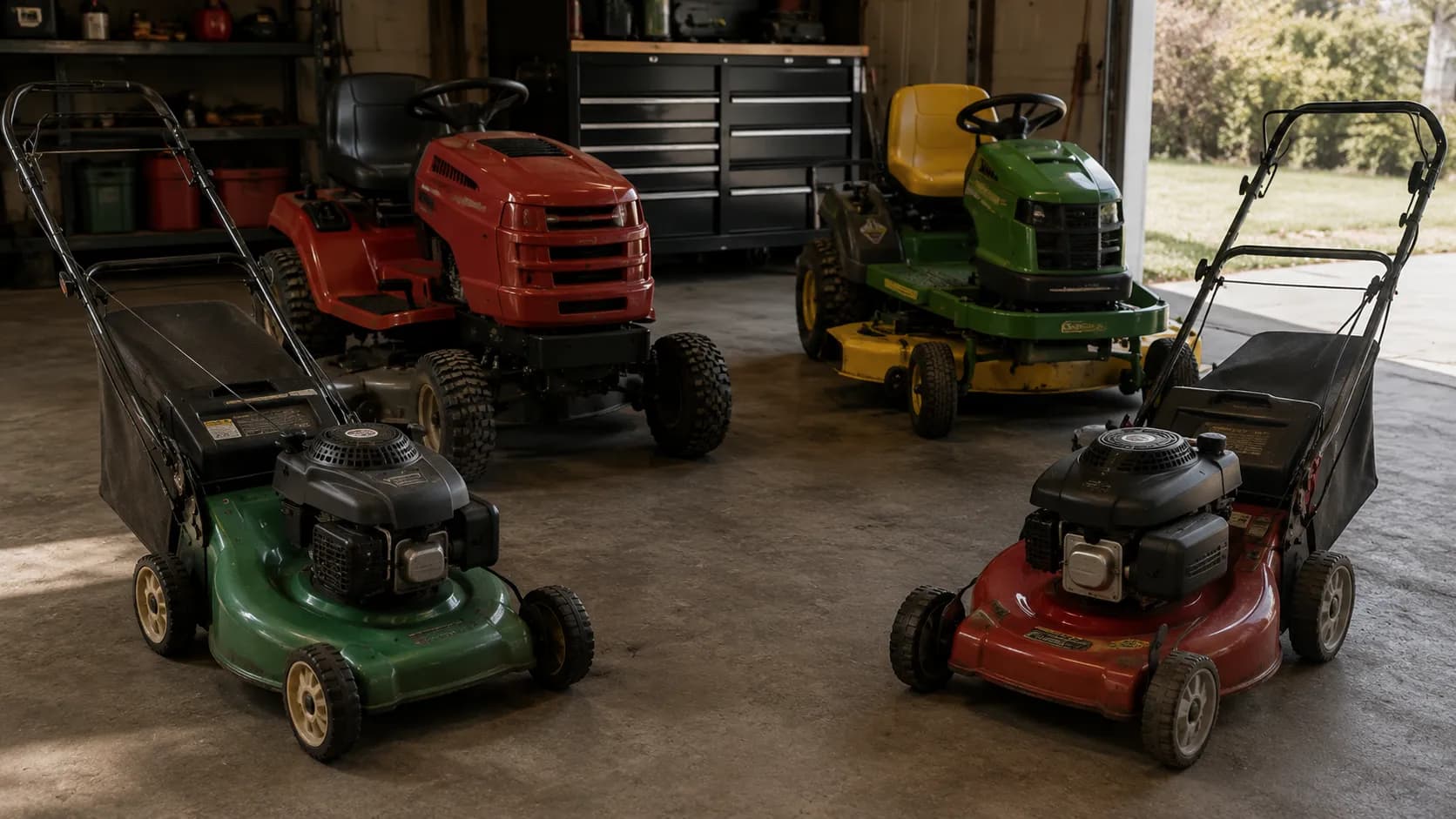 Four lawn machines used for spark plug tester evaluation, including two walk-behind mowers and two riding mowers, lined up inside a home garage workshop.