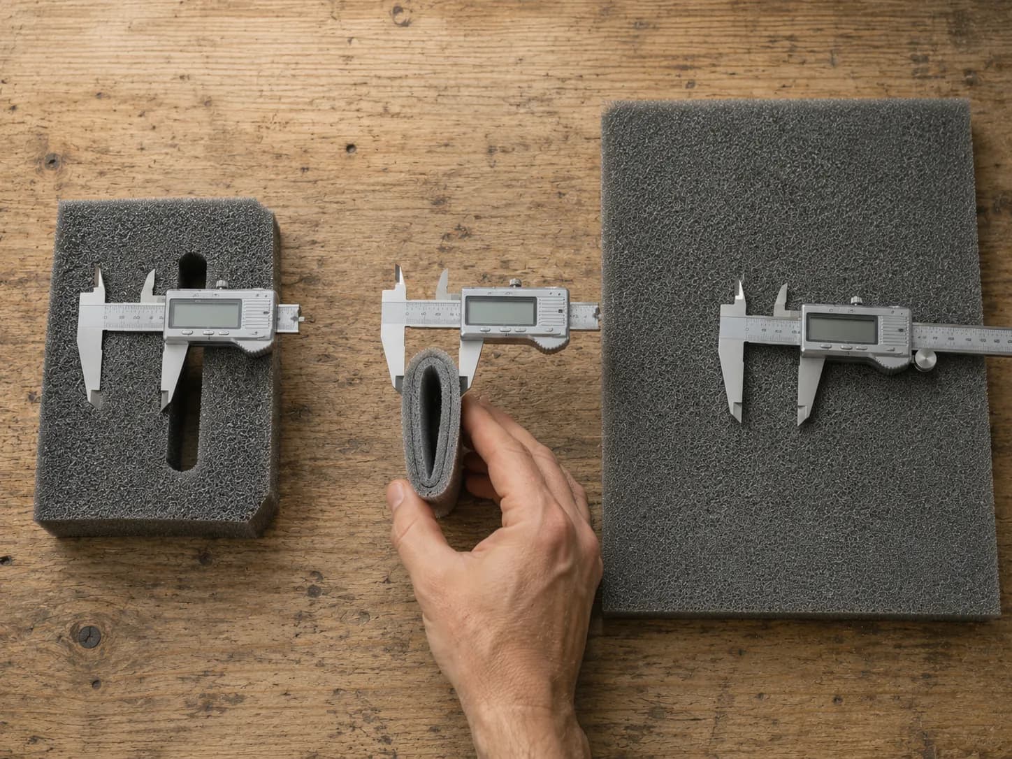 Three lawn mower foam air filter styles arranged by thickness with digital calipers on a wooden workbench, showing how to identify block, sleeve and flat sheet foam filters.