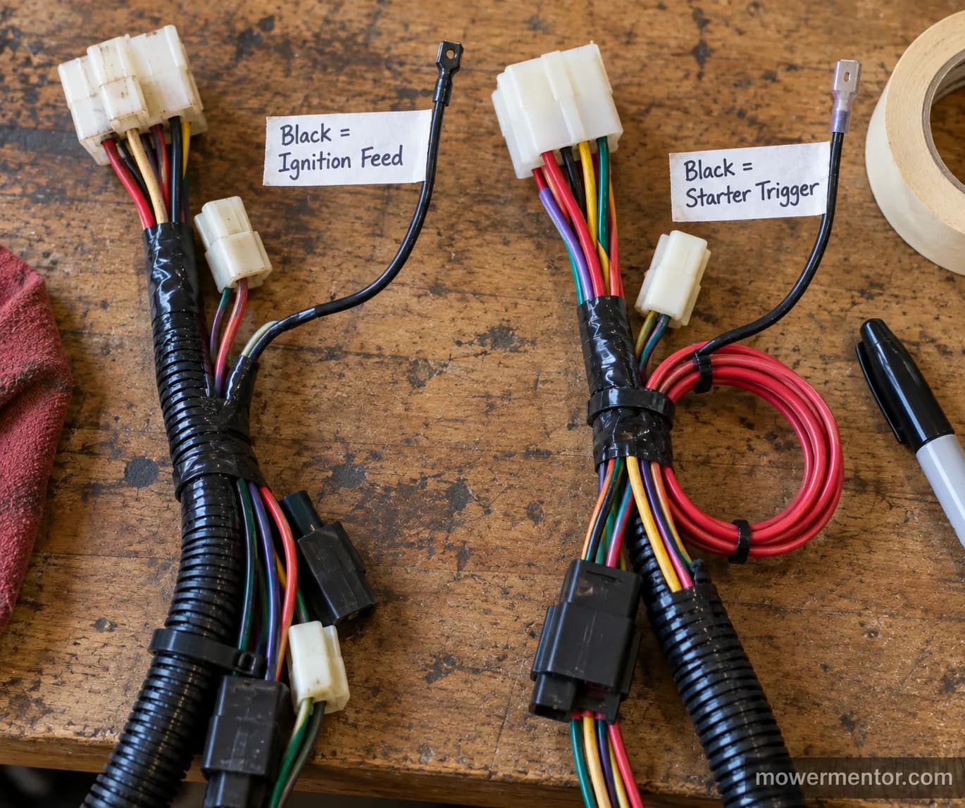 Two riding mower wiring harnesses side by side showing black wires used for different functions on different mowers.