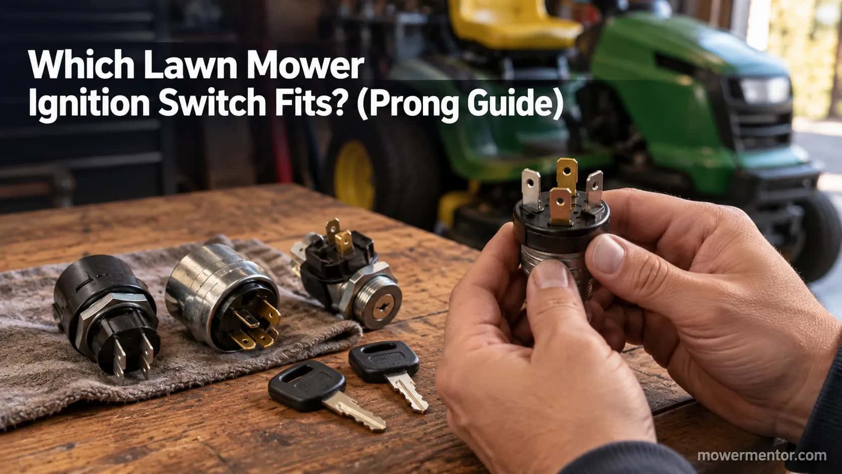 Hands holding a five-terminal lawn mower ignition switch with several key switches on a workbench.