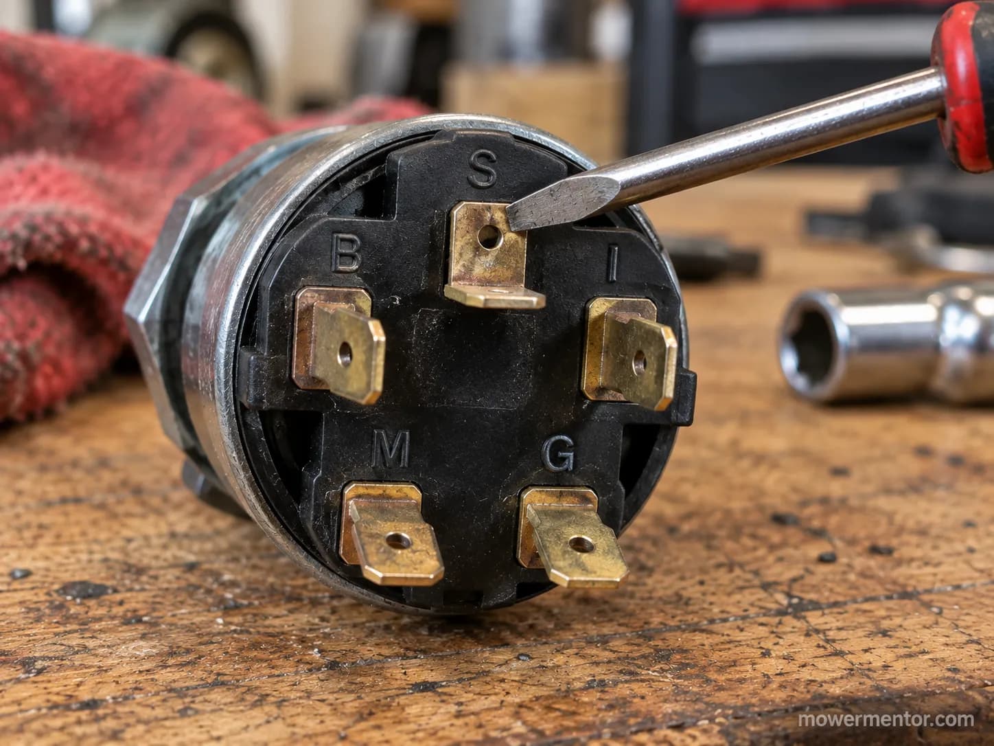 Back of a five-terminal lawn mower ignition switch with B, S, I, M, G terminals labeled.