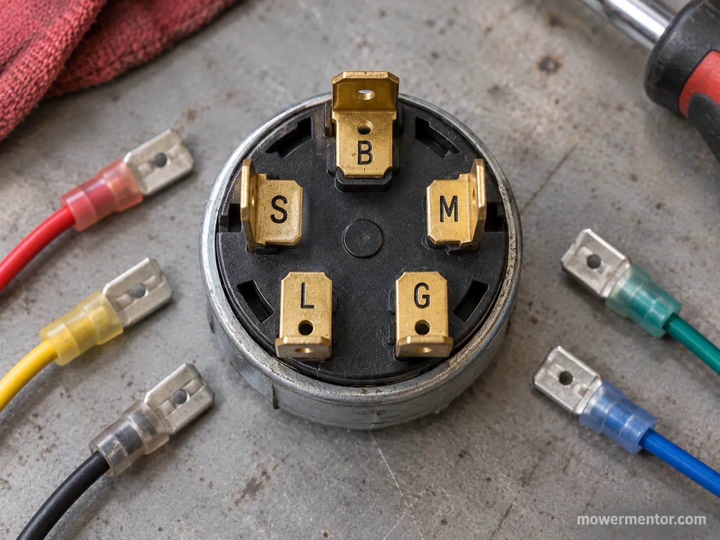 back of a lawn mower ignition switch with B S M L and G terminals labeled