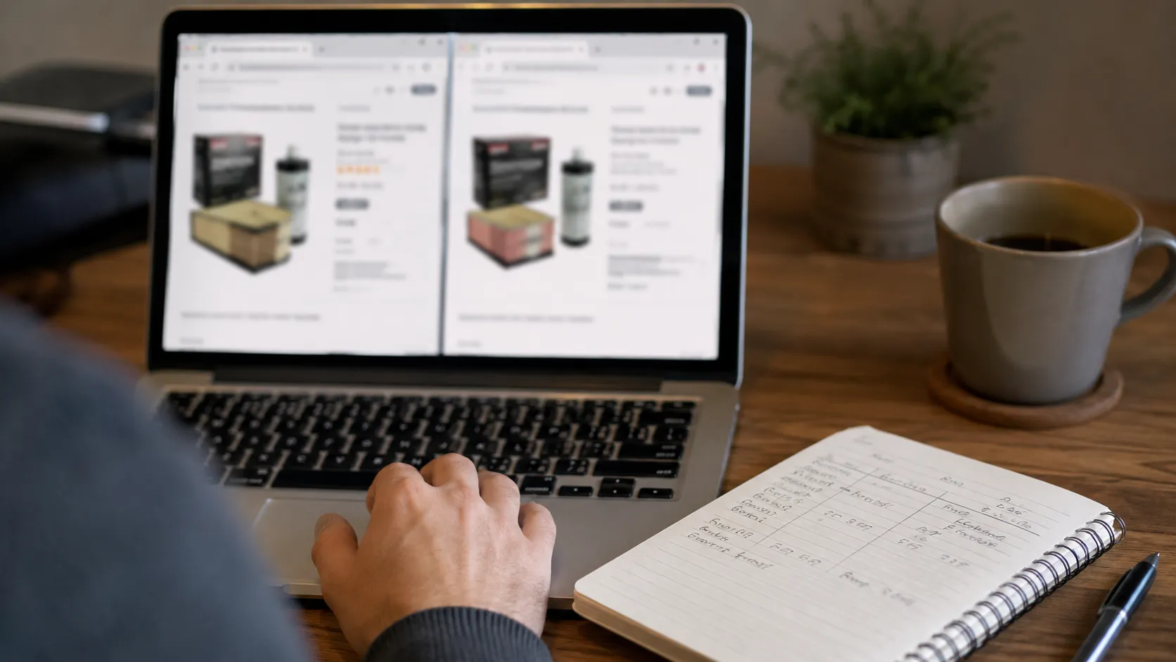 Laptop displaying two blurred retailer pages for the same lawn mower maintenance kit beside a notebook with handwritten price comparisons and a hand on the trackpad.