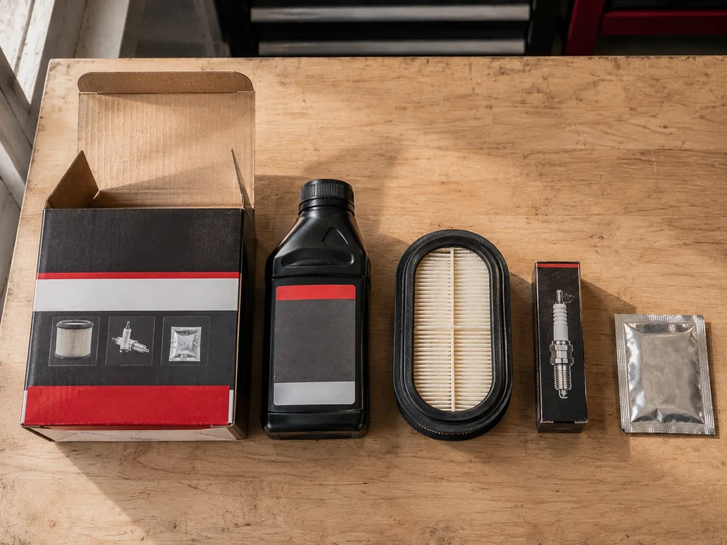 Small engine maintenance kit with oil bottle, air filter, spark plug and sachet arranged beside its open carton on a wooden workbench.