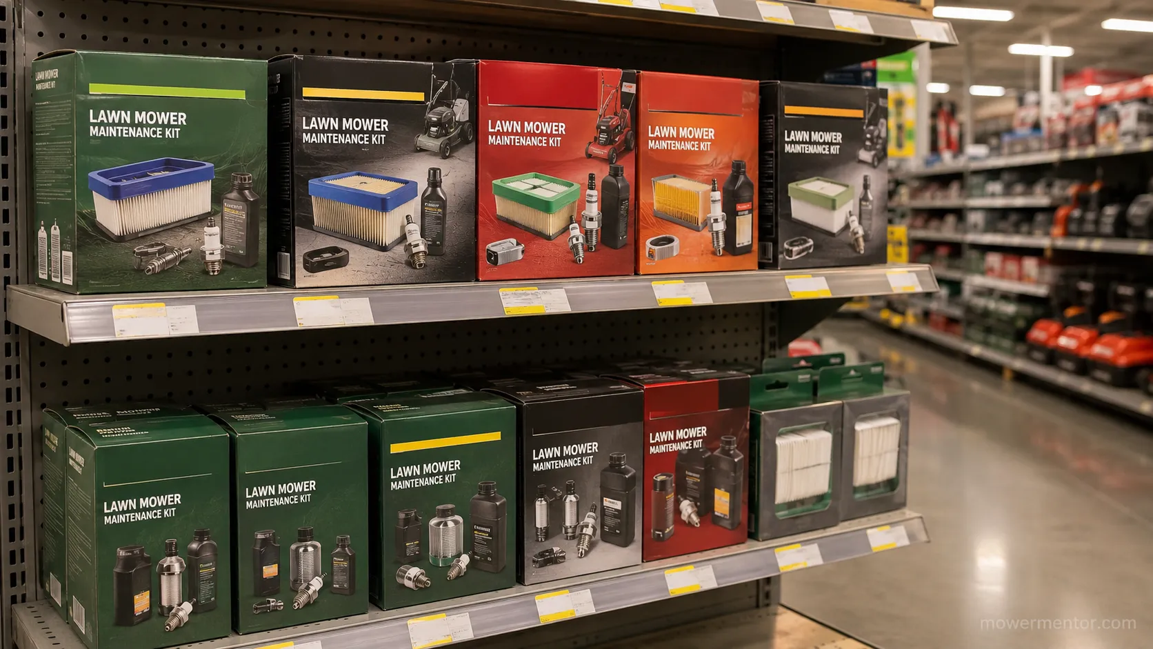 Retail shelf stocked with boxed lawn mower maintenance kits, including air filters, spark plugs and engine oil, in a brightly lit hardware store aisle.