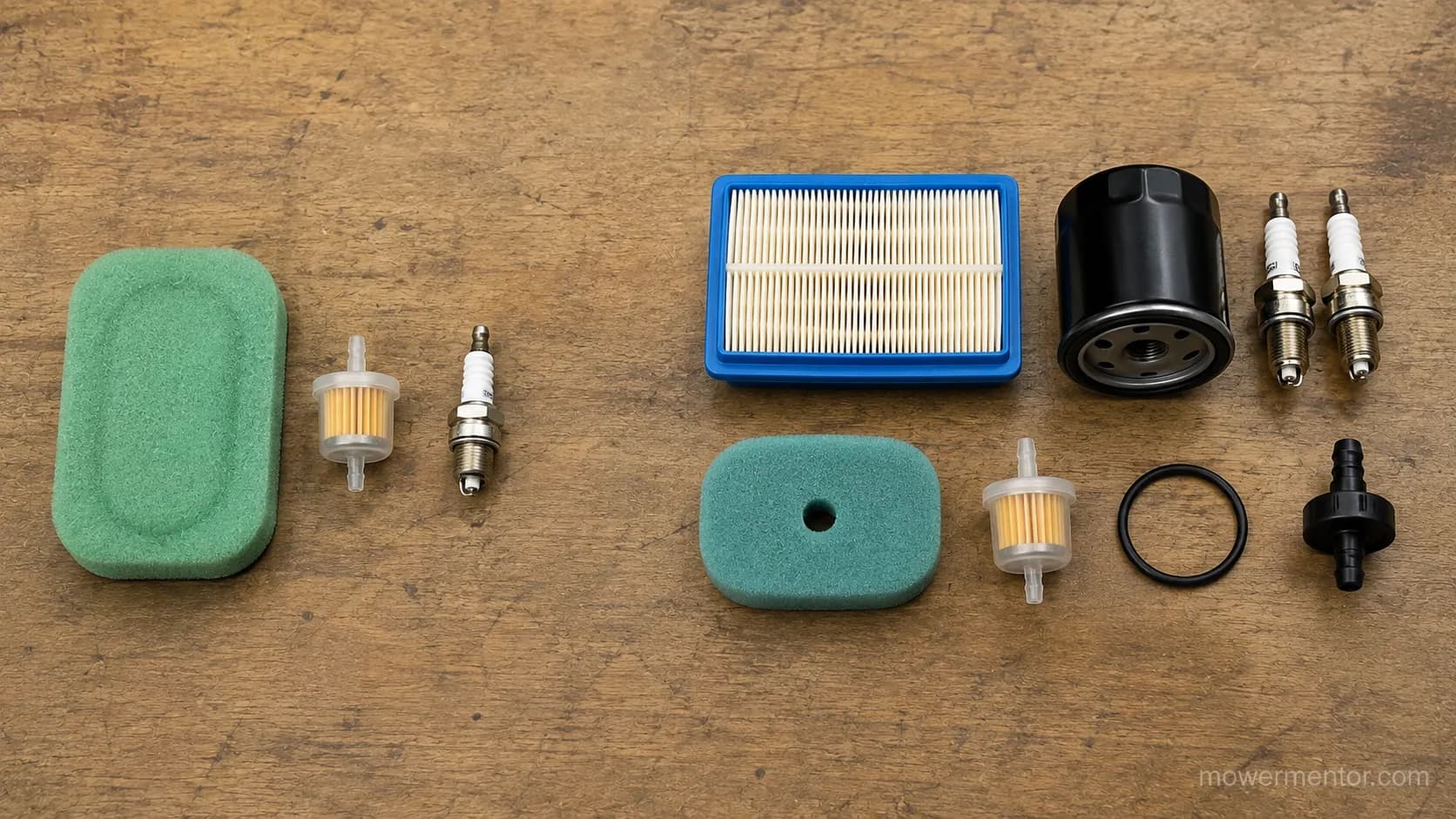 Lawn mower maintenance kits compared side by side, showing three parts in one kit and seven parts including an oil filter and spark plugs.