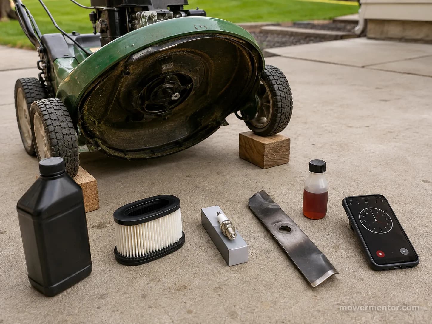 Lawn mower maintenance timing run with oil, air filter, spark plug, replacement blade, fuel stabilizer and smartphone stopwatch ready on a concrete driveway