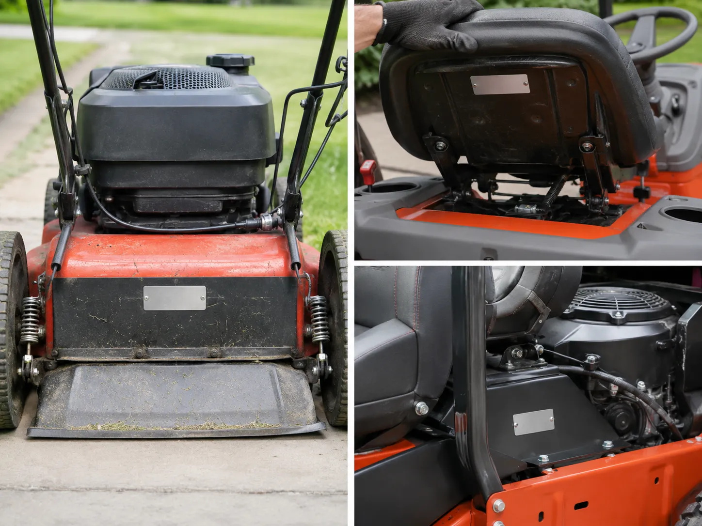 Instructional three-panel image showing product plate locations on a walk-behind mower deck, under a lawn tractor seat, and beside a zero-turn engine for serial number identification.