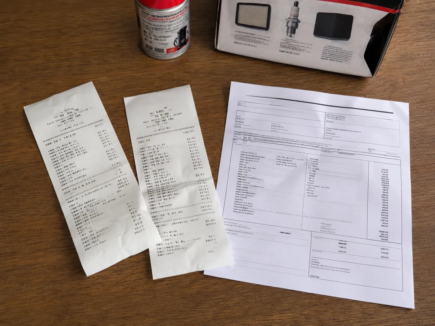 Two repair receipts and a written lawn mower shop quote on a wooden table, with a small aerosol can and boxed service kit in the background.