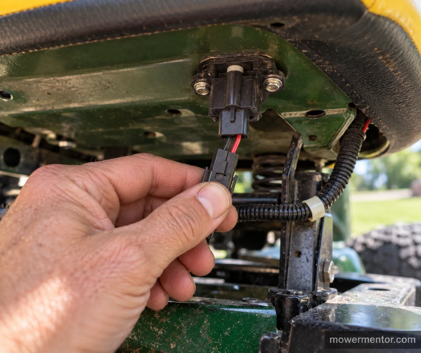 Hand seating a two-pin seat safety switch connector under a riding mower seat to restore the start-enable circuit.