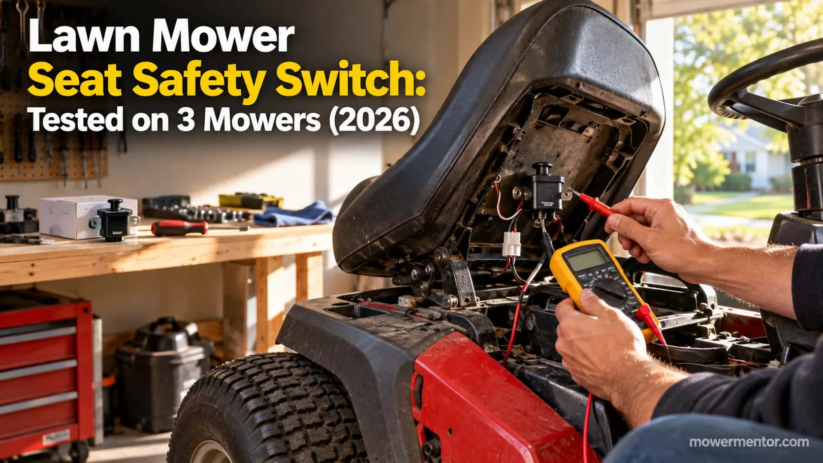 Testing a lawn mower seat safety switch with a multimeter under the seat