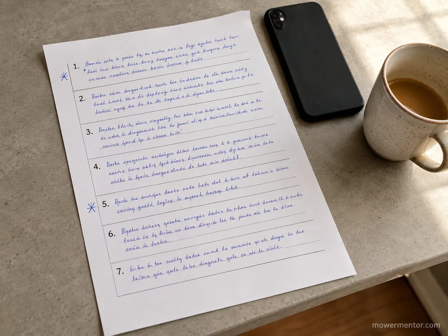 Printed seven-question lawn mower service checklist with handwritten answers beside a smartphone and coffee mug on a kitchen table, illustrating a customer service call script.