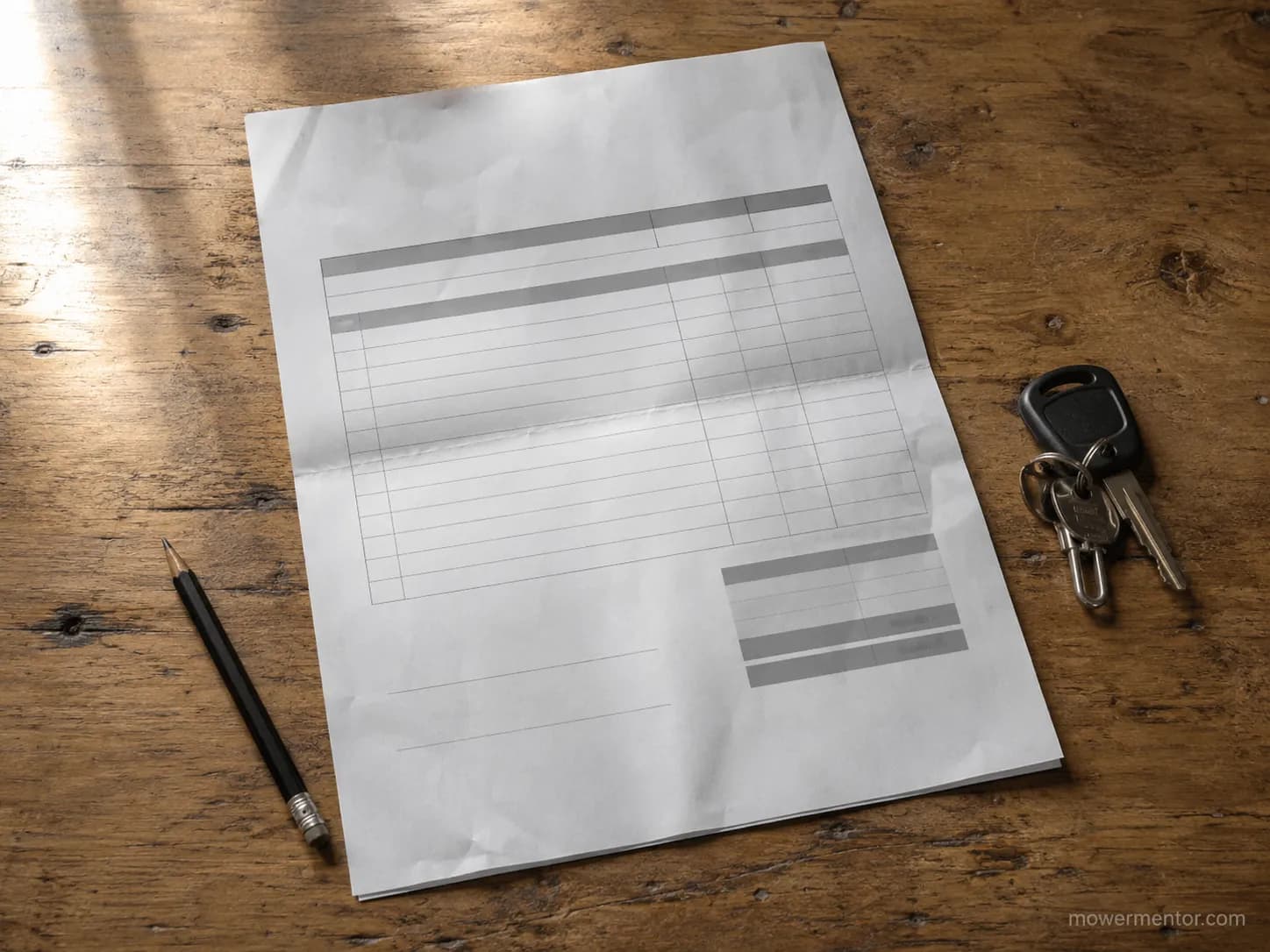 Printed lawn mower service estimate on a worn wooden workbench with a pencil and keys, documenting a repair cost quote from a local mower shop.