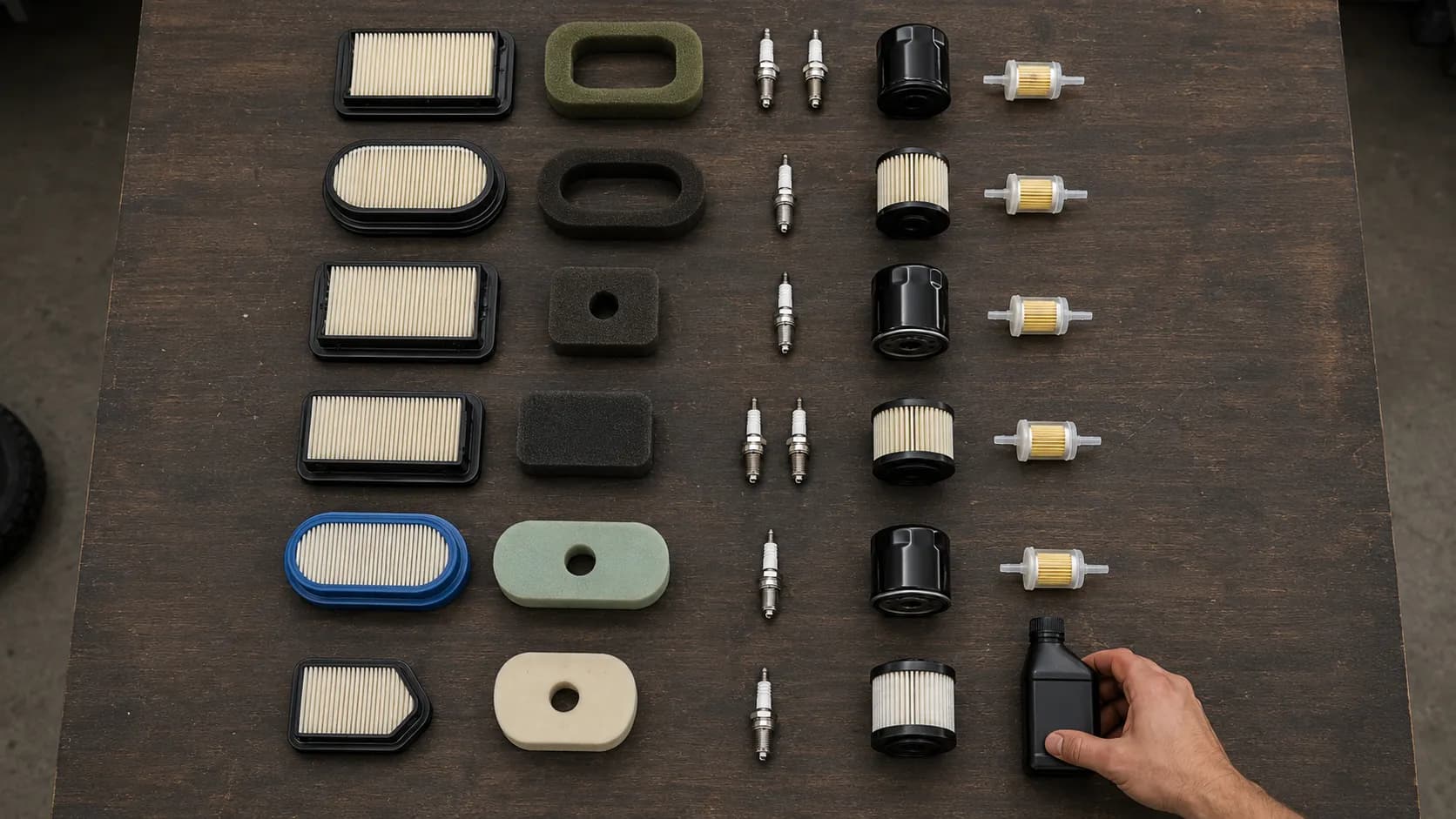 Overhead view of six unpacked lawn mower service kits arranged in neat rows on a workbench, showing air filters, foam pre-cleaners, spark plugs, oil filters, fuel filters, and an oil bottle.