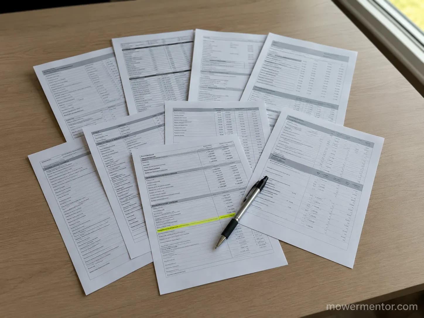 Collected lawn mower service price sheets from April 2026 spread across a desk, with one sheet highlighted and a pen resting on top.