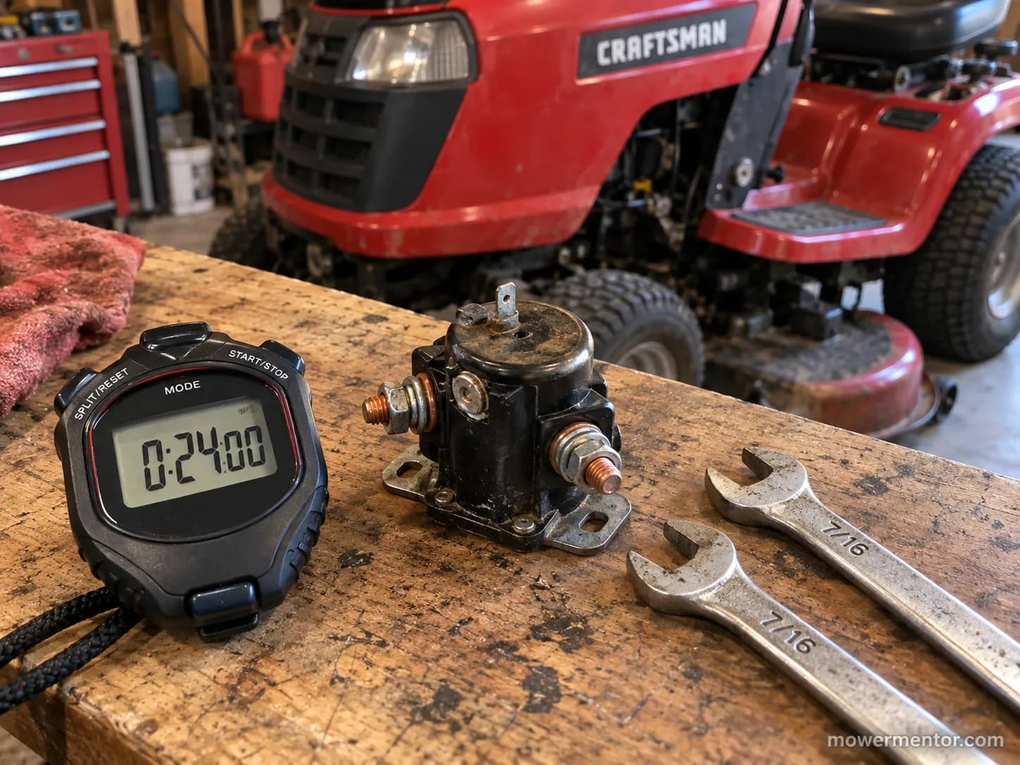 Stopwatch showing 24 minutes beside a removed lawn mower starter solenoid and wrenches