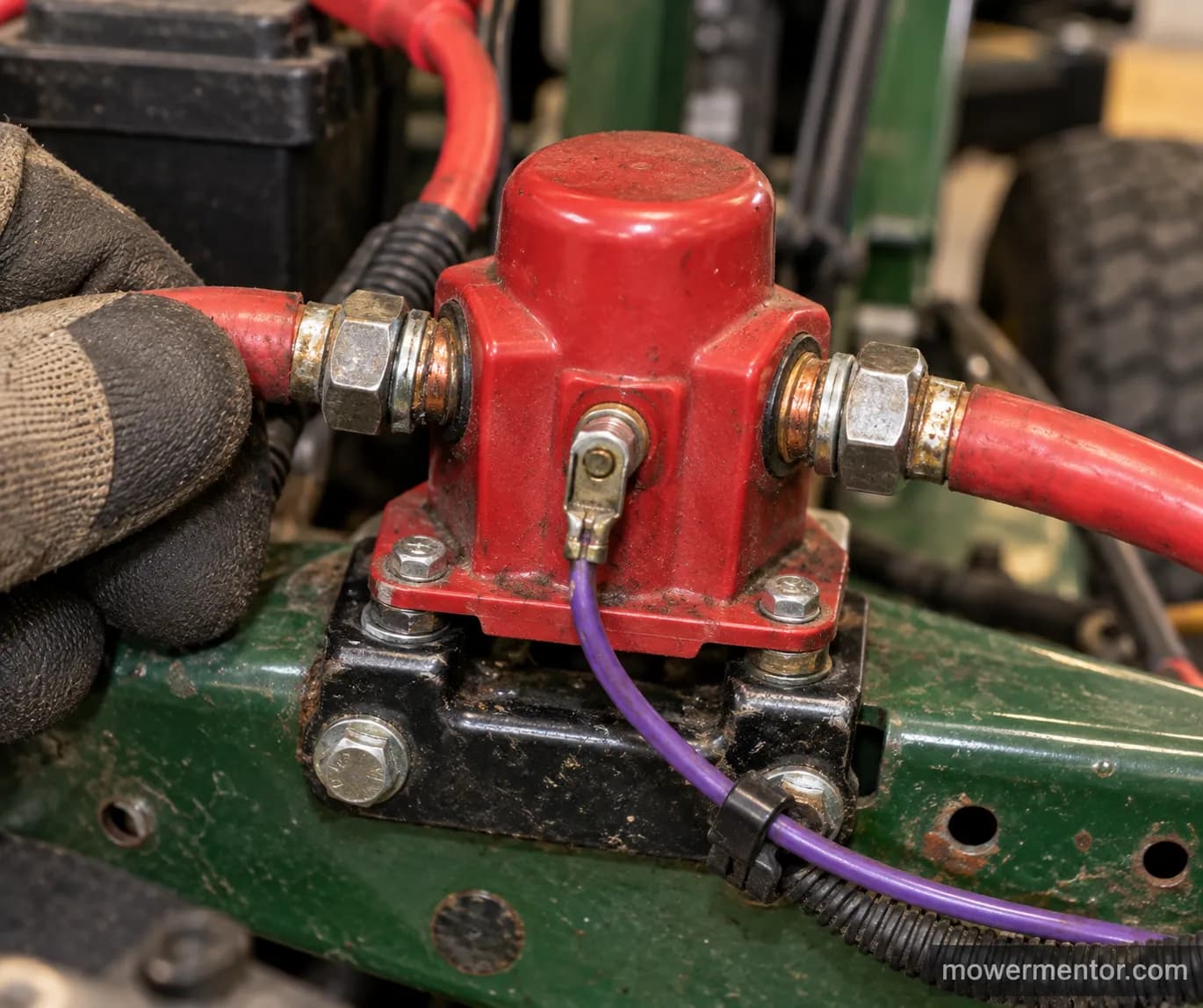 Riding mower starter solenoid close-up with two heavy red cables and a purple trigger wire on the small post.