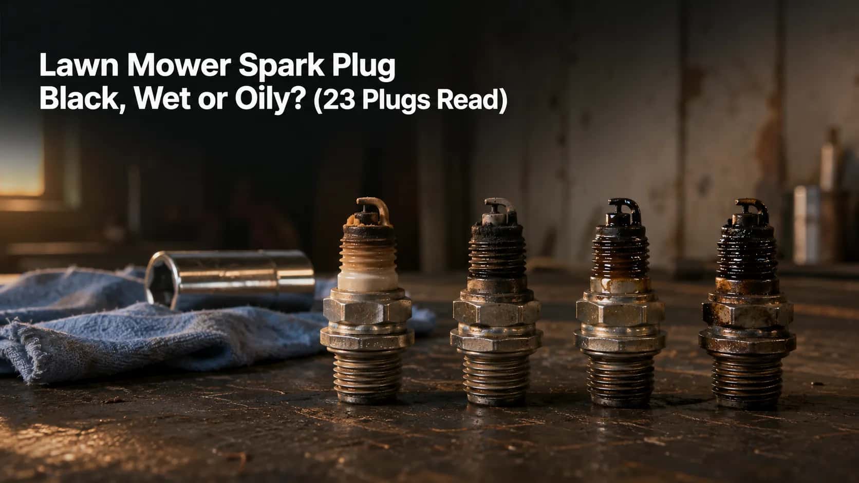 Four used lawn mower spark plugs on a workbench showing tan, black soot, wet, and oily conditions with a socket and shop rag, illustrating common spark plug diagnosis for small engines.