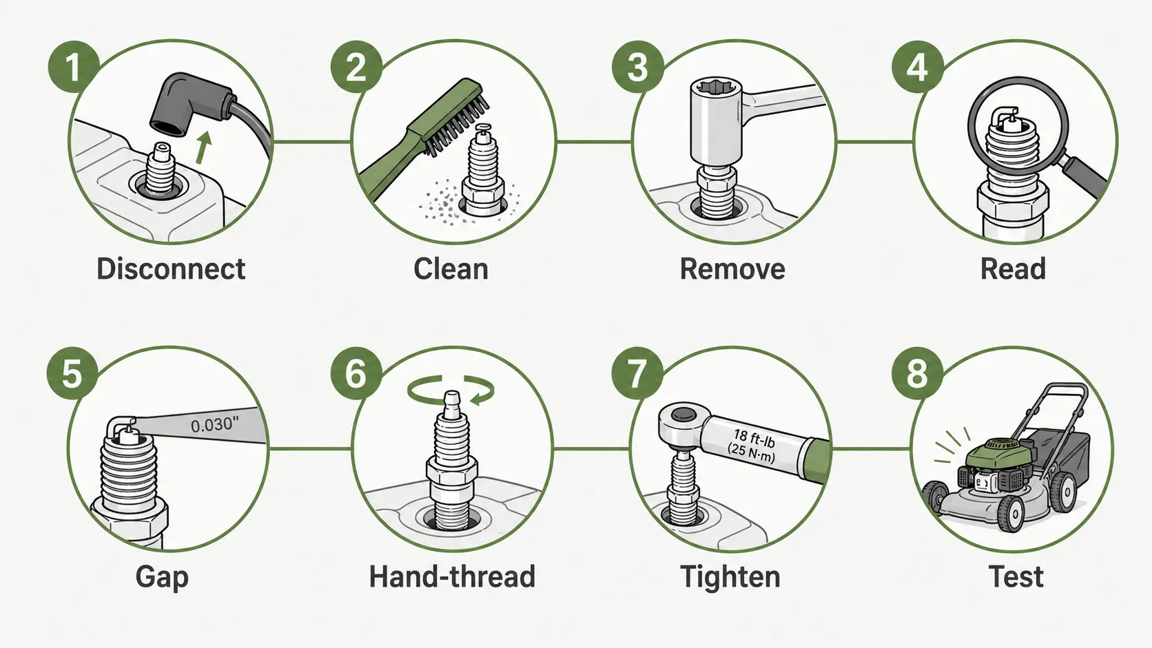 Lawn mower spark plug change infographic showing eight steps: disconnect spark plug boot, clean area, remove plug, inspect condition, check gap, hand-thread new plug, tighten, and test mower.