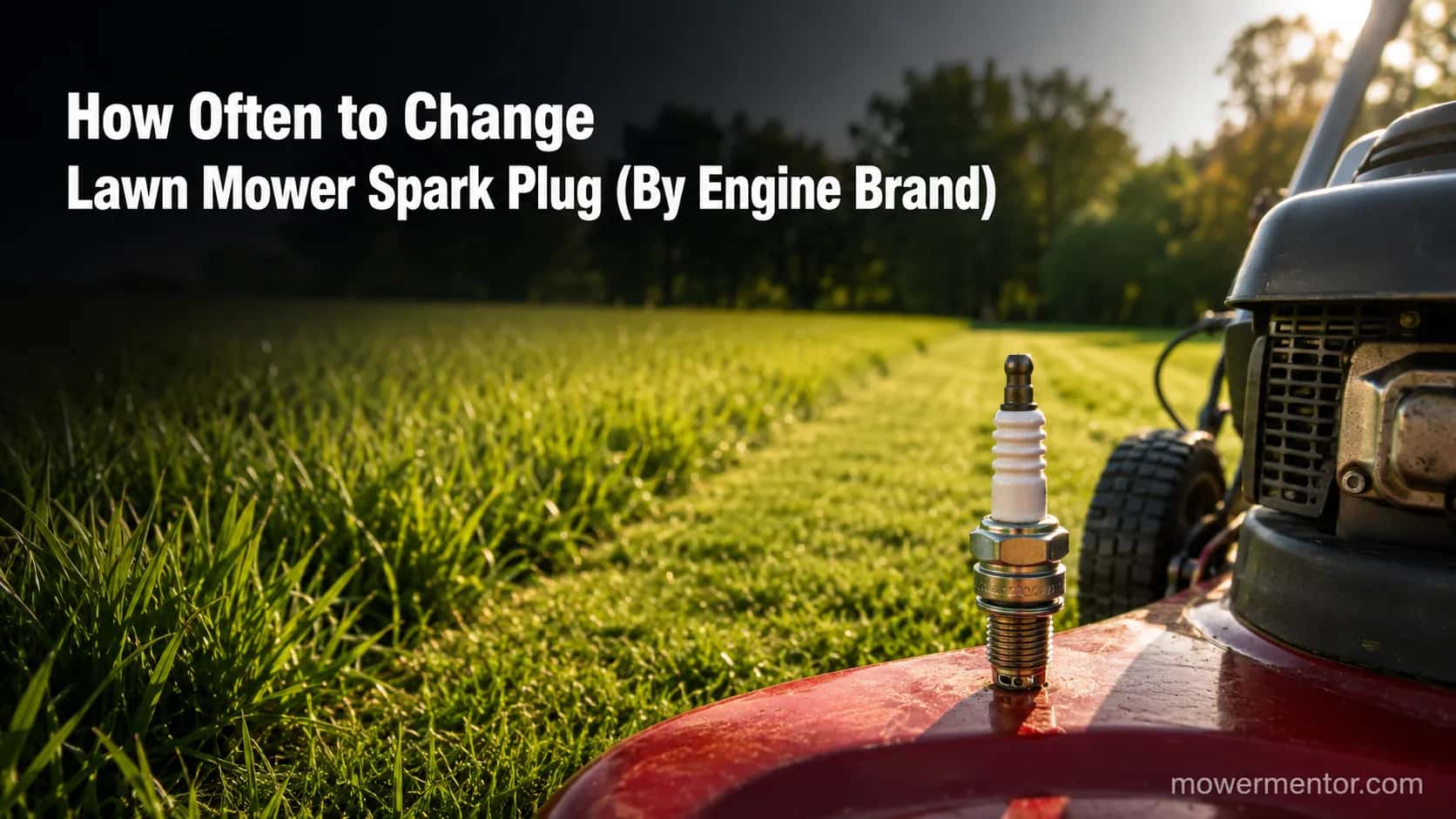 Lawn mower spark plug standing on a red mower deck beside the engine, with a freshly cut lawn in the background for a seasonal spark plug change guide.