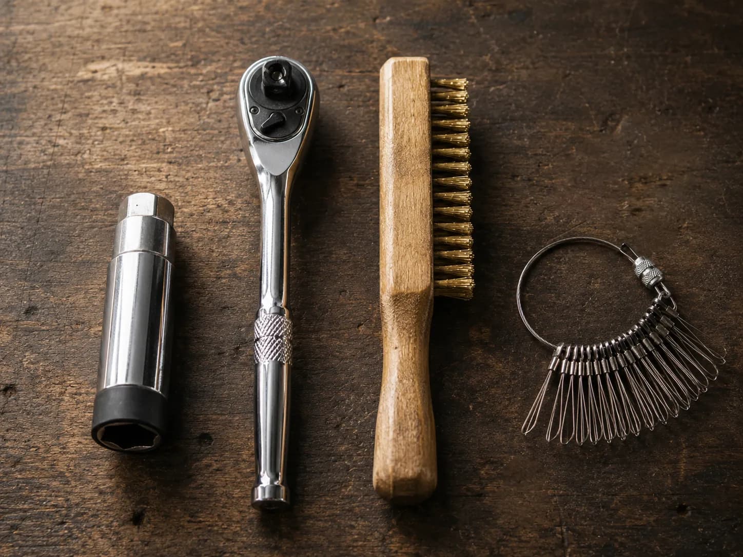Essential lawn mower spark plug cleaning tools arranged on a workbench, including a spark plug socket, ratchet, brass wire brush, and gap gauge for routine maintenance.