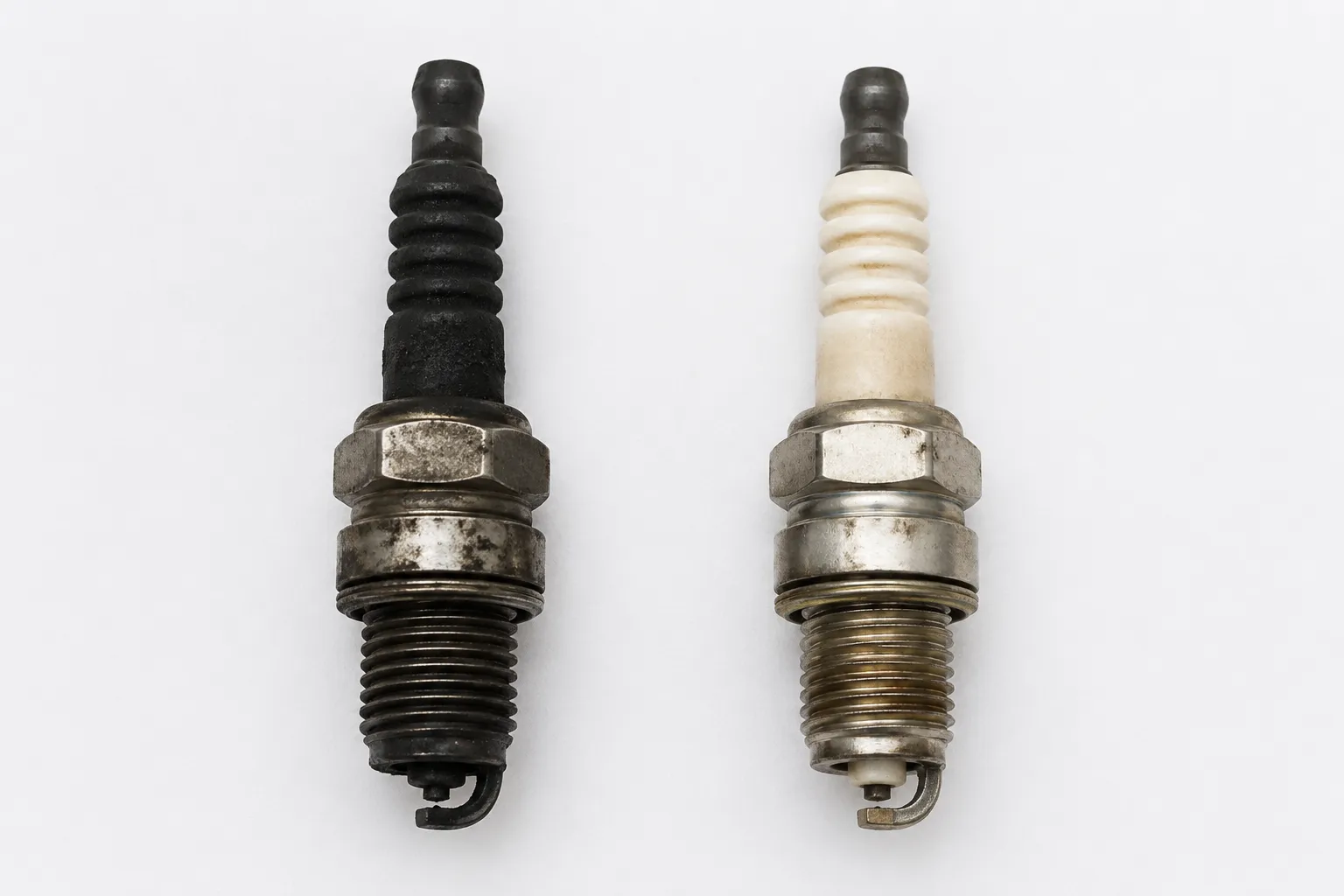 Side-by-side comparison of two lawn mower spark plugs after one season: left plug heavily coated with black carbon from running without an air filter, right plug clean light tan from maintained engine