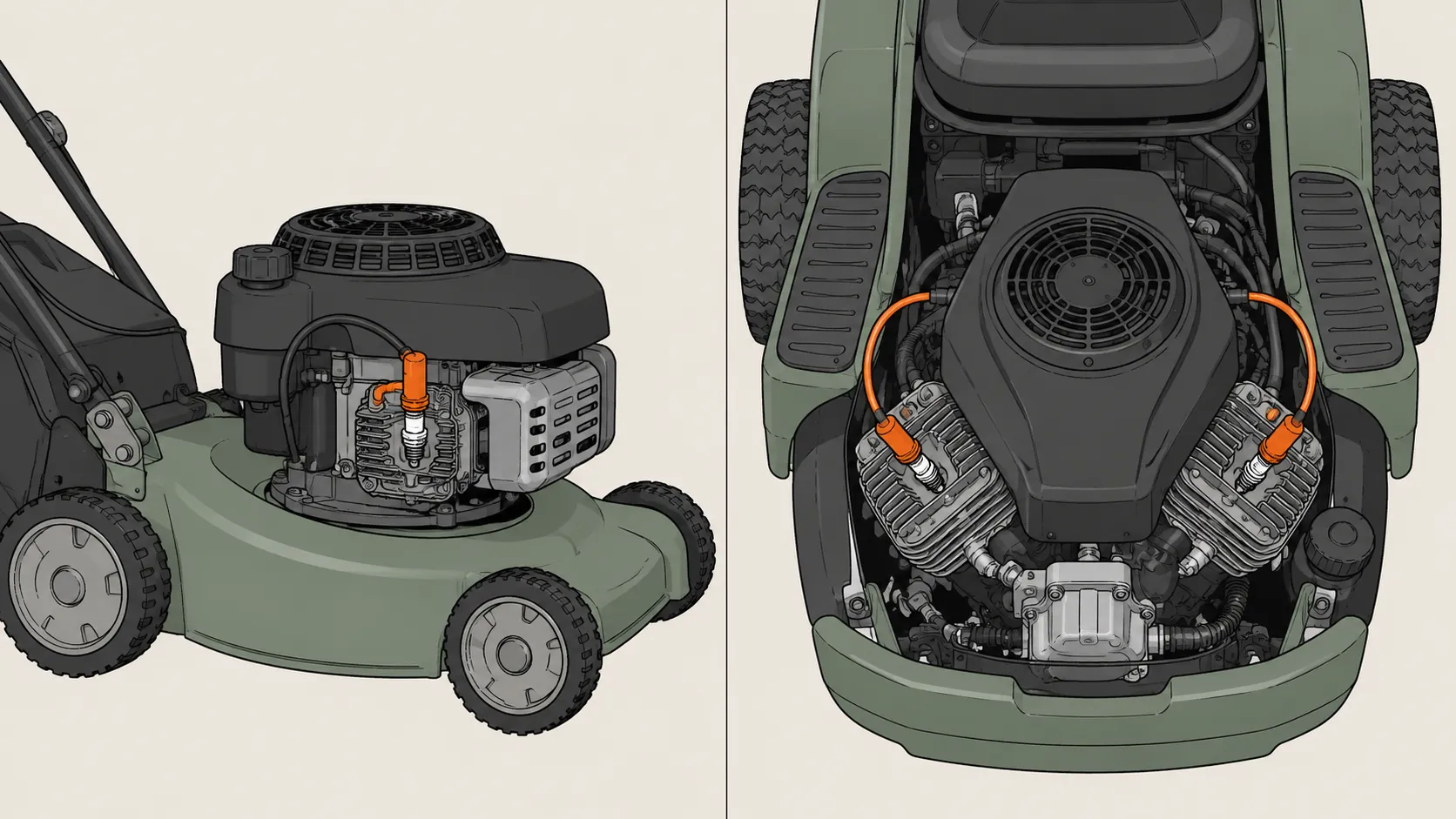 Two-panel illustration showing spark plug locations on a walk-behind lawn mower engine and a V-twin riding mower engine, with plug leads highlighted for easy identification.