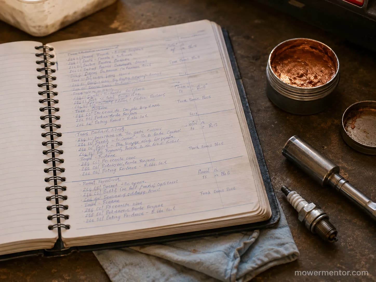 Lawn mower spark plug maintenance notebook with dated service records, spark plug socket, copper anti-seize compound, and shop rag on a garage workbench.
