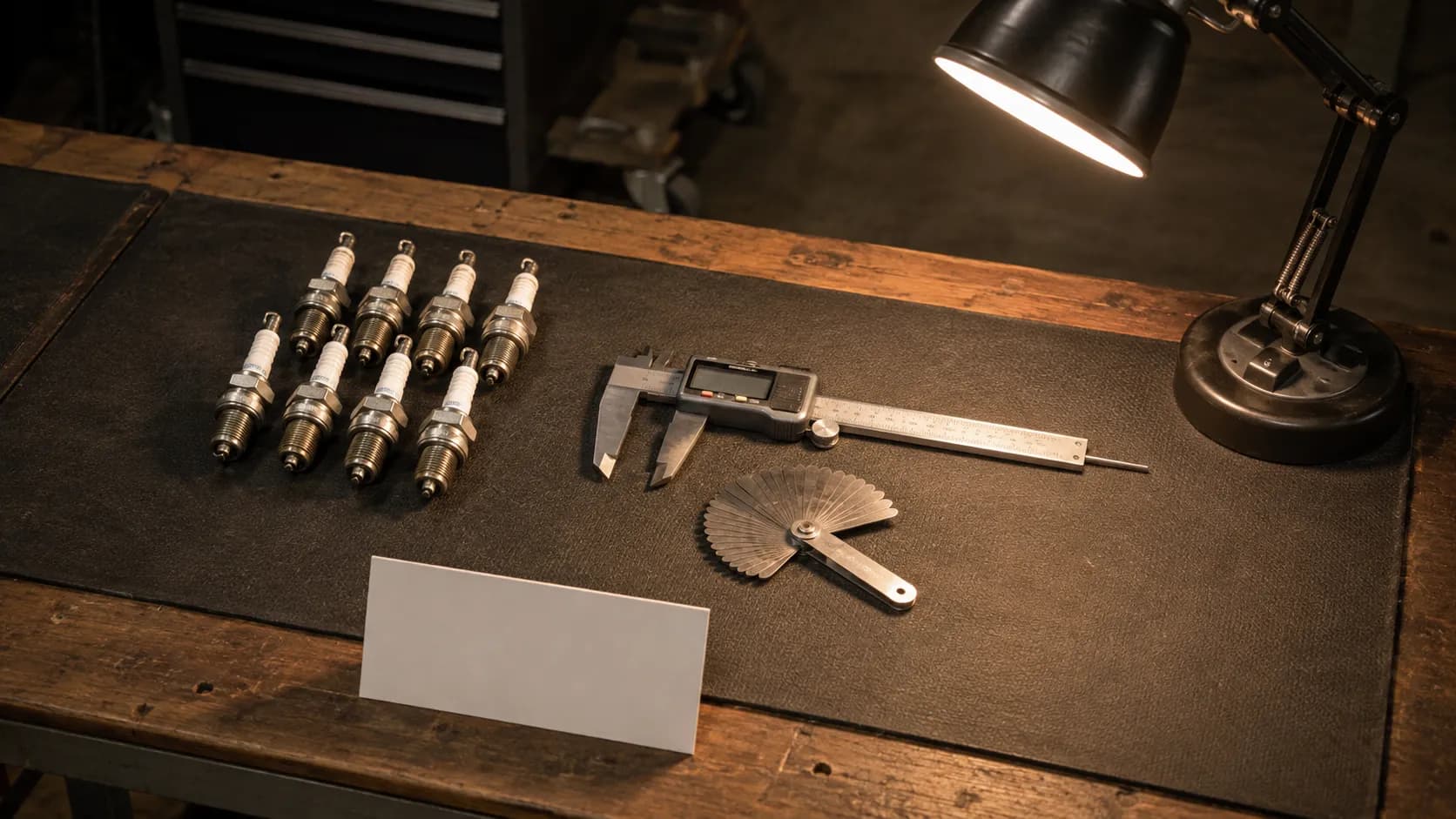 Bench setup for measuring nine lawn mower spark plugs using a digital caliper and wire gap gauge with an organized workbench, adjustable task light and garage background.