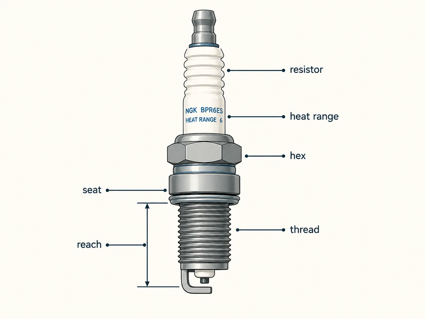Labelled diagram of a lawn mower spark plug identifying the thread, reach, seat, hex, heat range and resistor to help choose the correct replacement spark plug.