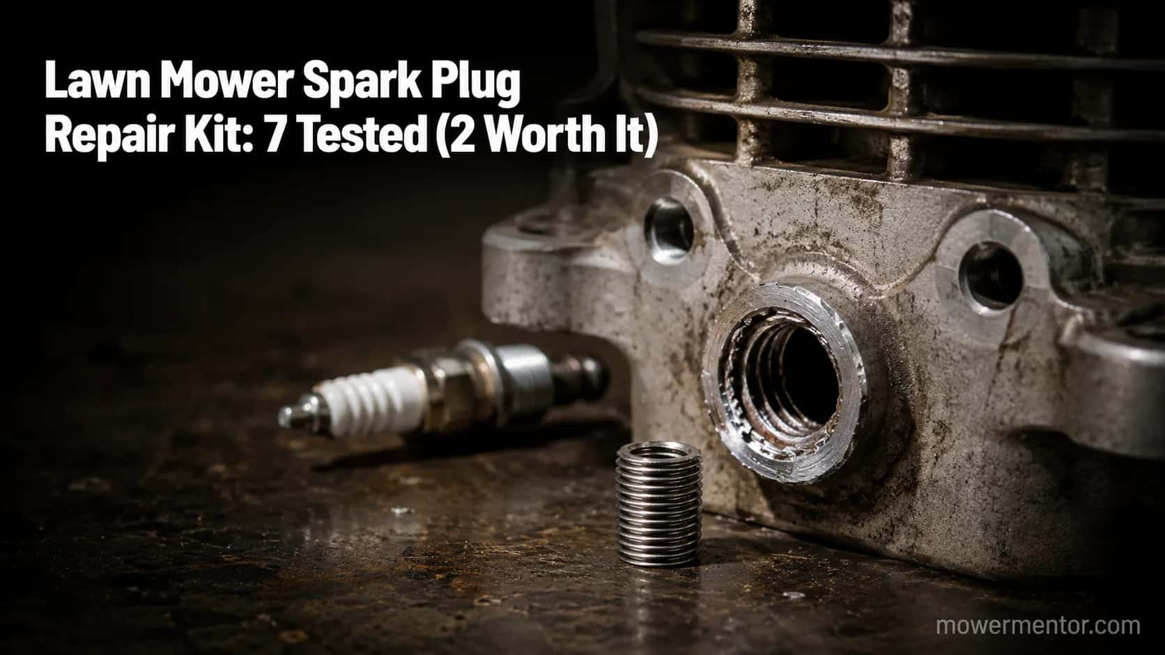 Damaged lawn mower spark plug threads beside a threaded repair insert and spark plug on a workshop bench.