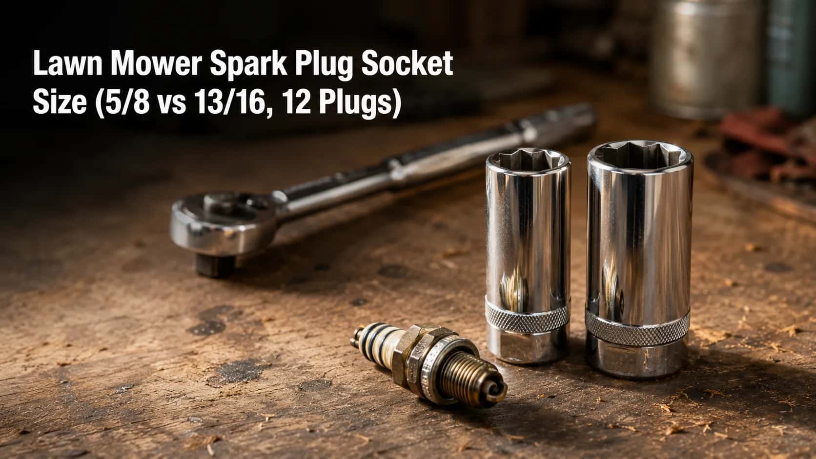 Two lawn mower spark plug sockets, 5/8-inch and 13/16-inch, standing side by side on a workbench with a used spark plug and ratchet, comparing common mower spark plug socket sizes.