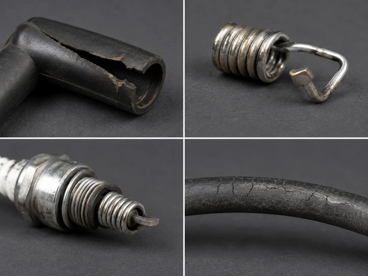 Four-panel close-up showing common lawn mower spark plug wire damage: split rubber boot, bent wire terminal, terminal stuck on the spark plug, and cracked ignition wire insulation.