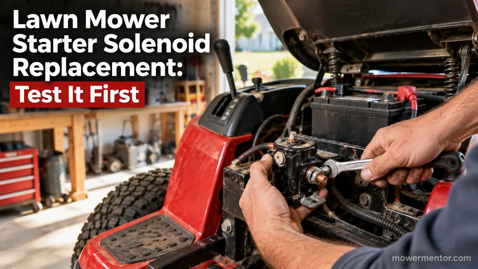 Hands replacing the starter solenoid on a red riding lawn mower