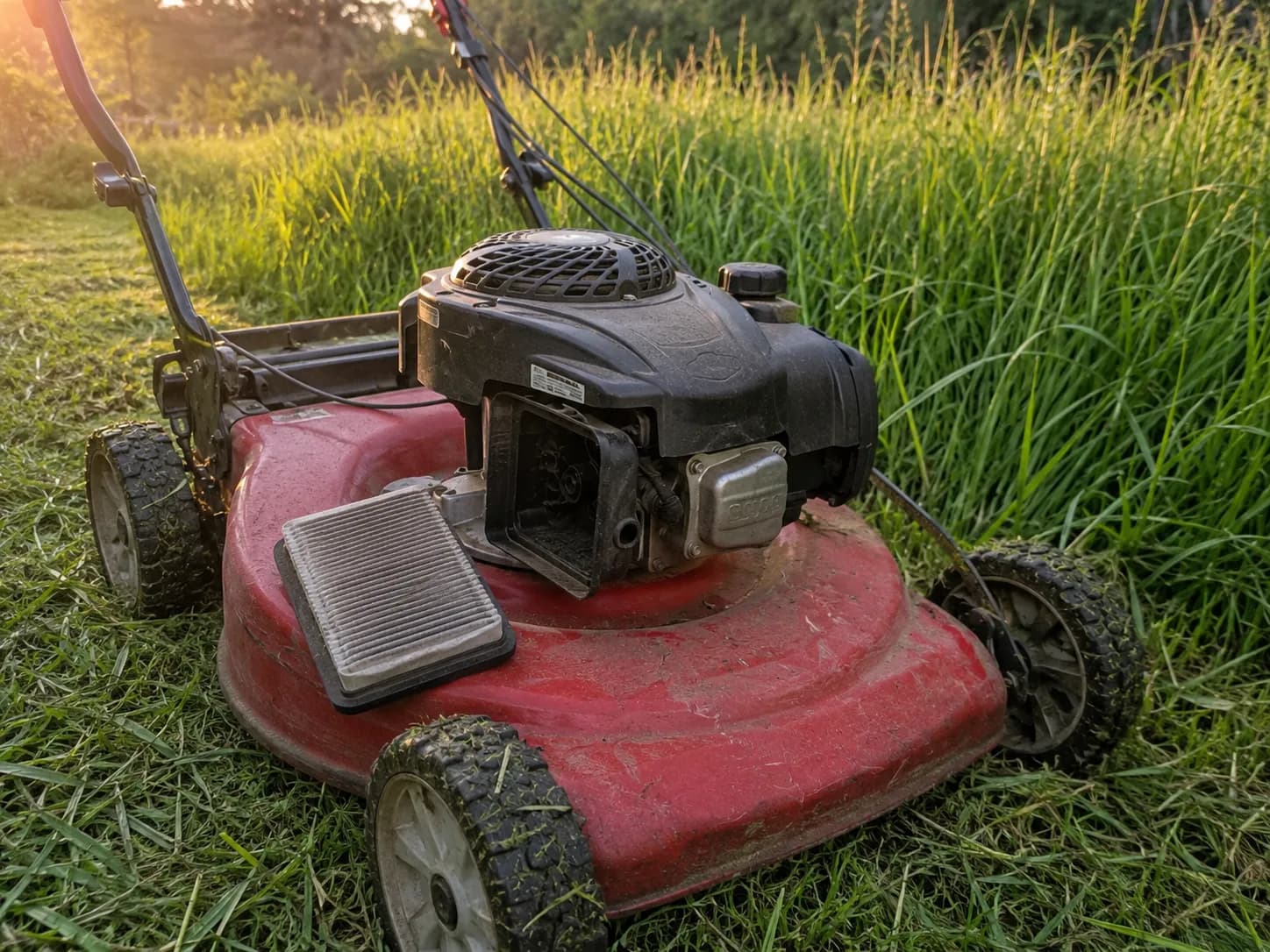Walk-behind lawn mower stopped in tall grass with a removed dusty air filter resting on the mower deck beside the open airbox, illustrating a clogged air filter causing engine performance issues.