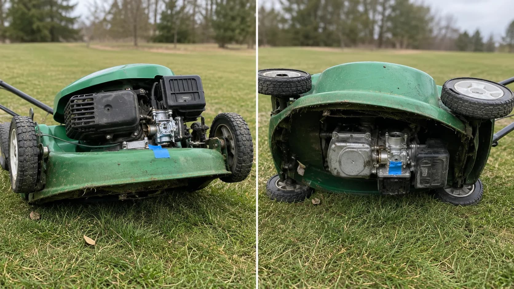 Two-panel comparison of the same walk-behind mower tipped in opposite directions, showing the correct air-filter-side-up position and the carburetor-side-down position that can soak the filter.